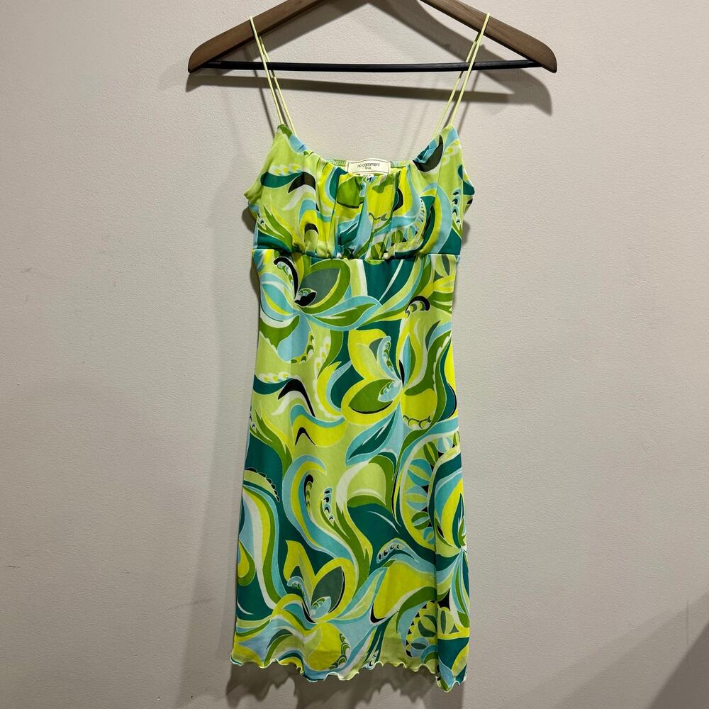 Vintage Y2K No Comment Green Abstract Swirl Mesh Lettuce Trim Mini Dress Small